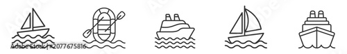 Photos set of sailing boat inflatable raft cruise ship liner ship outline icons on tran