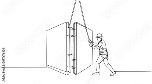 Foto Construction worker guiding large panel lifted by crane, minimalist line art