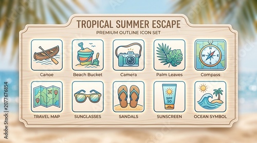 Premium outline icon board themed around tropical summer escape