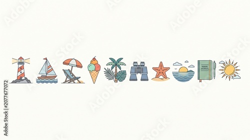 Geometric summer vacation icon pack in horizontal arrangement