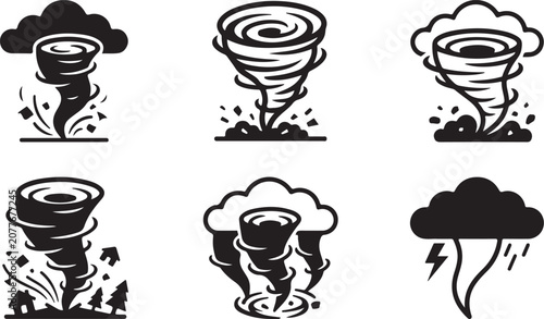 Foto Set of six tornado and storm illustrations with different styles and effects Vec