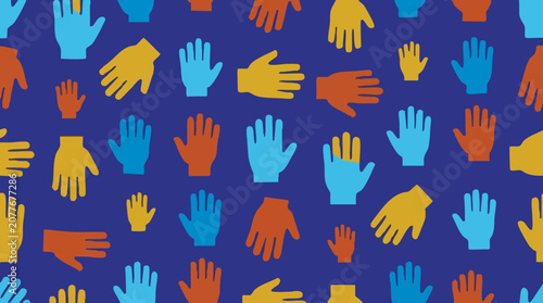 Colorful Hands Pattern on Blue Background Illustrating Diversity and Unity