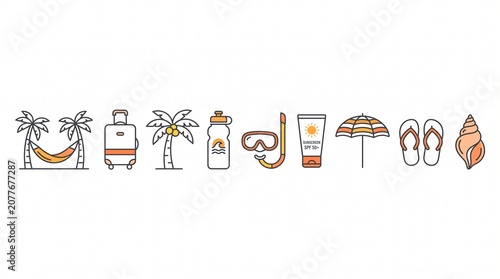 monochrome summer travel icons with selective warm accent colors