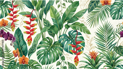 Vibrant Tropical Jungle Botanical Seamless Pattern with Exotic Flowers and Lush Green Monstera Palm Leaves