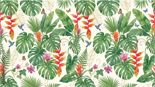 Watercolor Tropical Jungle Botanical Seamless Pattern With Exotic Flowers And Hummingbirds