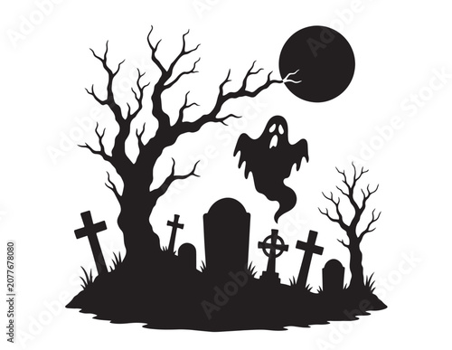 Schilderij op canvas Spooky Halloween graveyard silhouette vector, haunted cemetery scene with ghost