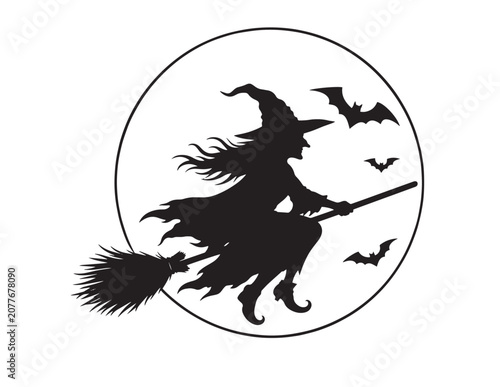 Canvastavla Halloween witch silhouette, spooky flying sorceress on broomstick, mystical full