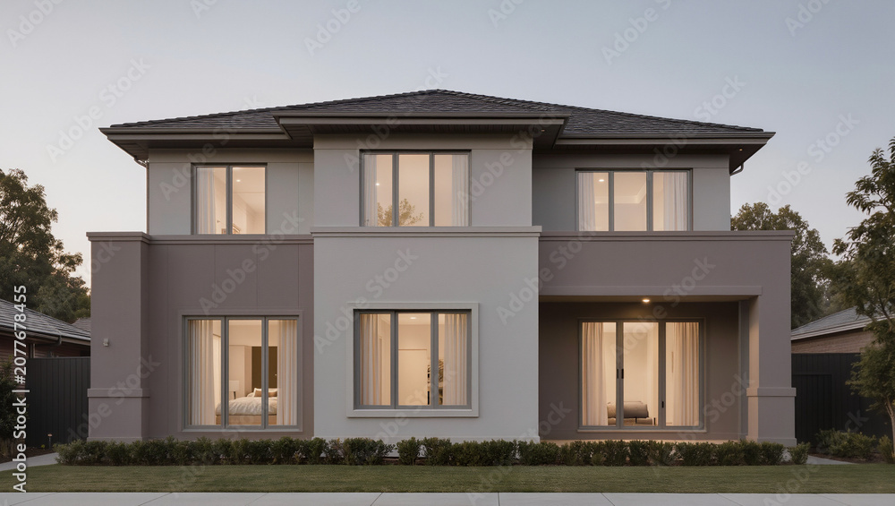 Fototapeta premium Modern Two-Story Family Home with Contemporary Architecture and Soft Lighting