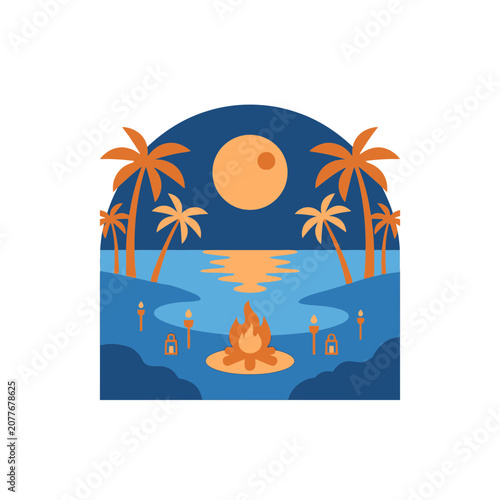 Tropical Beach Night Scene with Bonfire and Full Moon