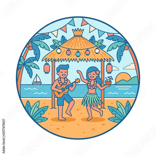 Tropical Beach Party: Couple Dancing and Playing Guitar Under Palm Trees