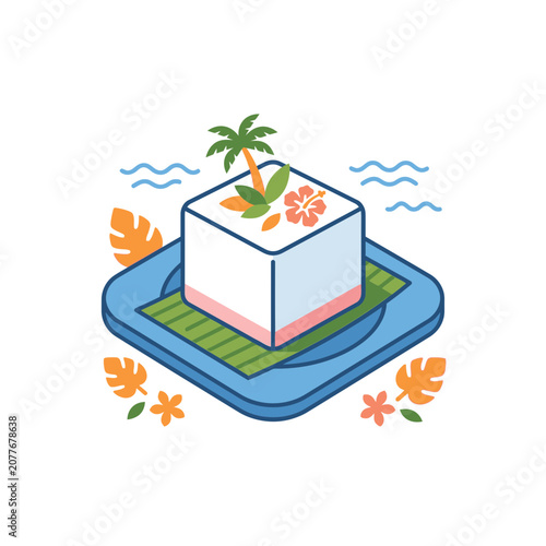 Tropical dessert island cake with palm tree and hibiscus flower, isometric illustration