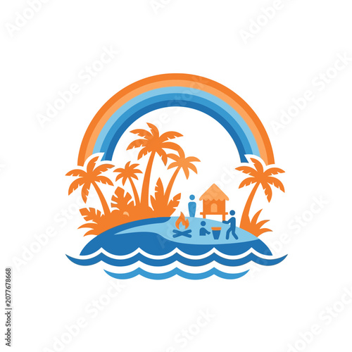 Tropical Island Paradise Scene with People, Palm Trees, and Rainbow