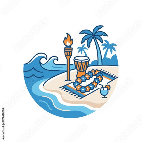 Tropical Island Paradise: Beach, Ocean Waves, Tiki Torch, Drum, Lei, Cocktail
