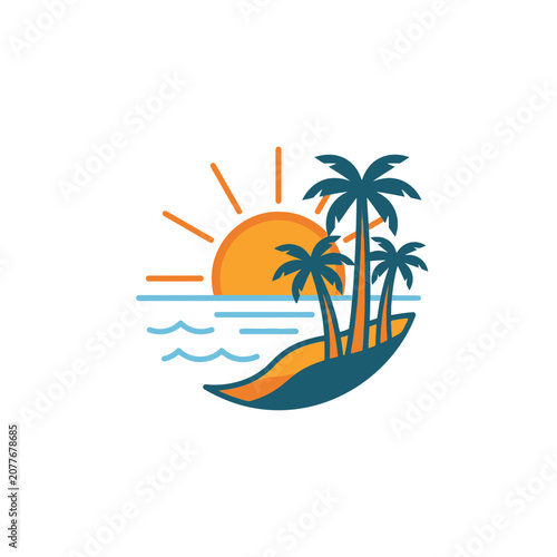 Tropical Island Paradise Sunset Vector Illustration with Palm Trees and Ocean Waves