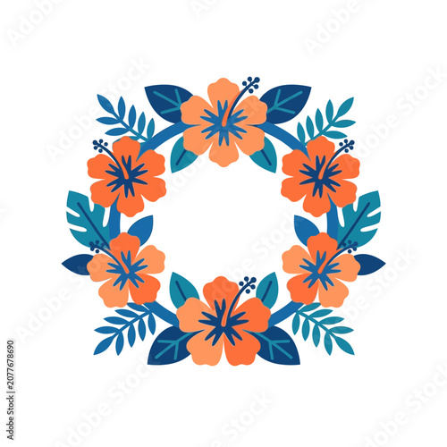Tropical Hibiscus Flower Wreath with Leaves, Summer Floral Design, Orange and Blue