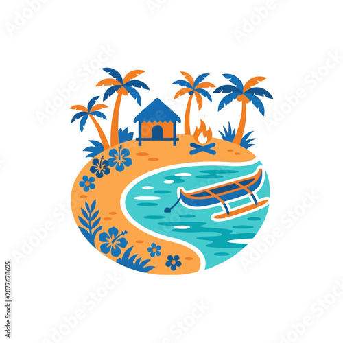 Tropical Island Paradise with Hut, Canoe, and Palm Trees