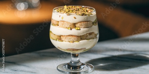 Modern pistachio tiramisu in a glass, layers of creamy mascarpone and ladyfingers soaked in pistachio milk, topped with crushed nuts, elegant lighting.
