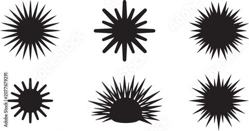 Foto Black spiky starburst shapes in simple line art style Vector