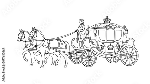 Fotografía Royal Carriage with Horses and Coachman, Line Art Illustration