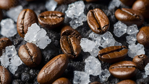 roasted coffee beans, Macro shot of sea salt crystals scattering over hot dark roasted coffee beans intense surface background
