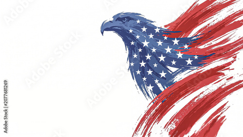 Patriotic American eagle illustration with flag stars and stripes, artistic brush stroke USA flag graphic, national holiday design element