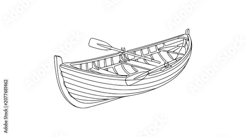 Obraz na plátně Rowboat Outline Drawing, Wooden Boat with Oars, Nautical Vessel Illustration