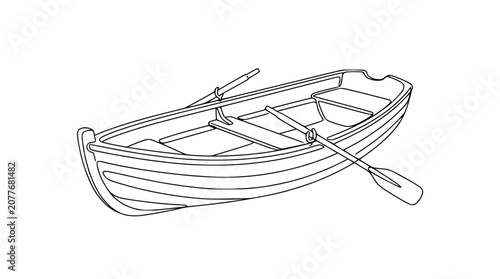 Rowboat with oars, simple line drawing on white background. Vector illustration.