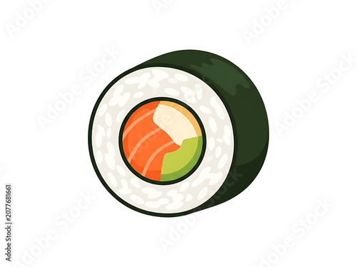 Fresh Salmon and Avocado Sushi Maki Roll Illustration Isolated on White