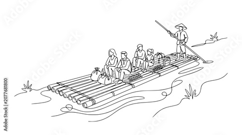 Schilderij op canvas Bamboo Raft Journey: People and Goods Traveling Downstream with Guide