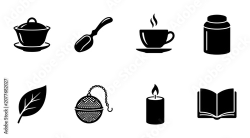Fotografie Tea Time Icons: Cup, Spoon, Leaf, Infuser, Book, Candle, Jar, Bowl Set, Vector G