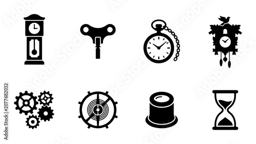 Quadro em tela Vintage Timekeeping Icons: Grandfather Clock, Pocket Watch, Cuckoo Clock, Hourgl