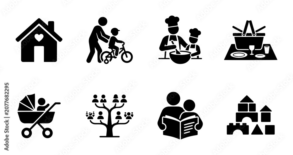 Obraz premium Family Lifestyle Icons: Home, Parenting, Cooking, Picnic, Baby, Genealogy, Education, Playtime