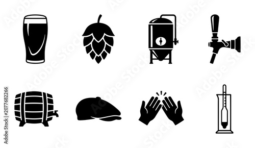 Canvastavla Beer Brewing Icons Set: Pint Glass, Hop, Tank, Tap, Barrel, Cap, Hands, Hydromet