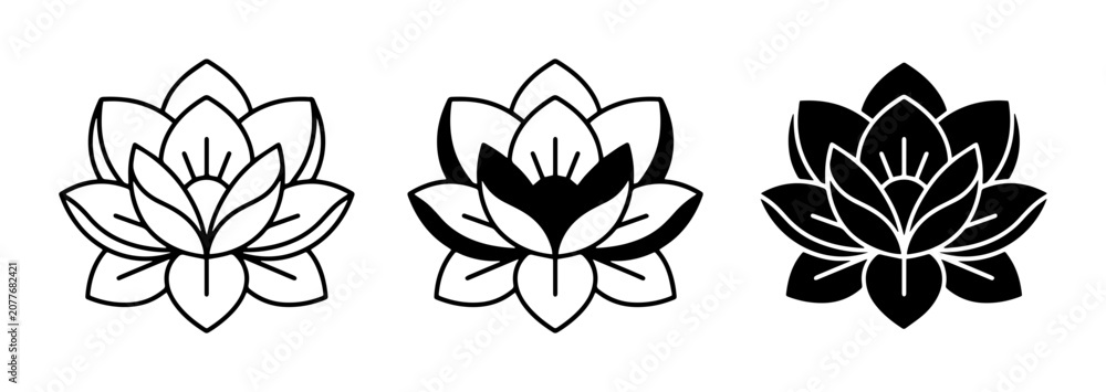Obraz premium Lotus Flower Icons, Minimalist Floral Vector Graphics, Zen Symbol Set, Sacred Geometry Art