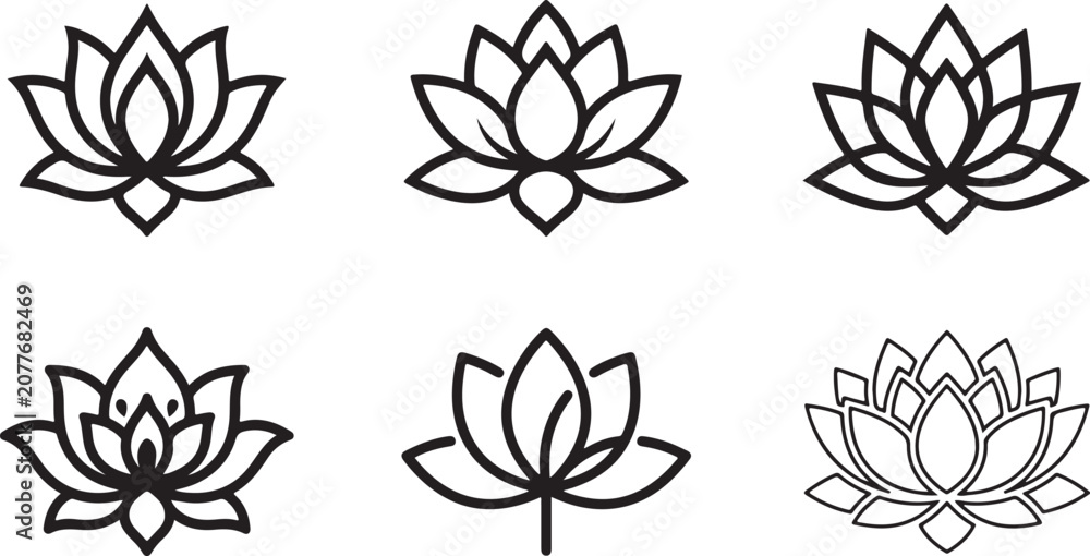 Fototapeta premium Black and white lotus flower vector icons set with different styles Vector