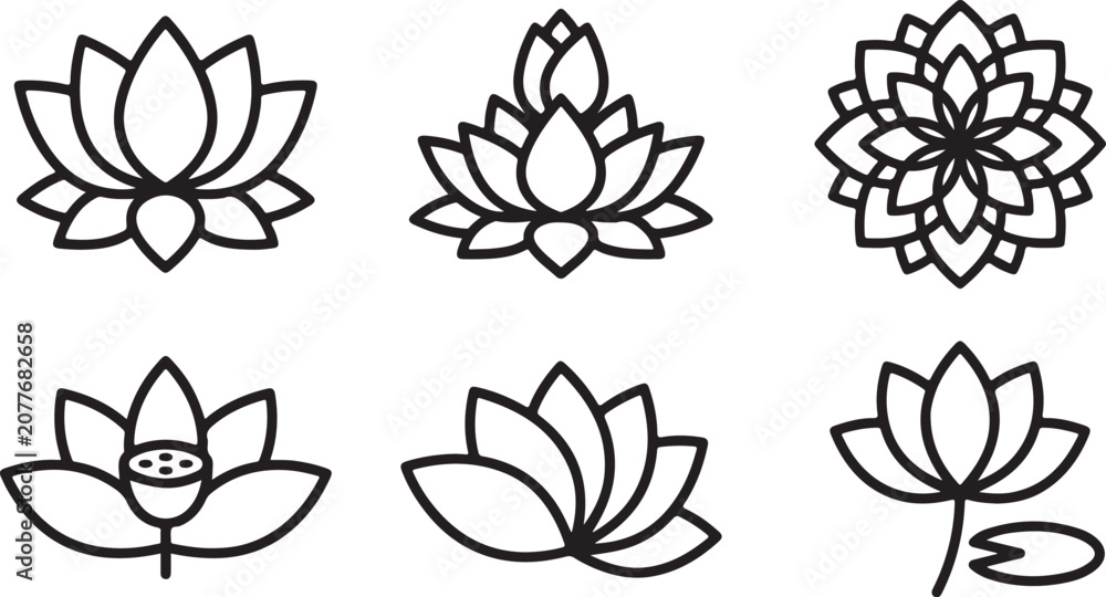 Fototapeta premium Six elegant lotus flower vector icons in simple black and white line art style Vector