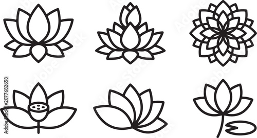 Six elegant lotus flower vector icons in simple black and white line art style Vector