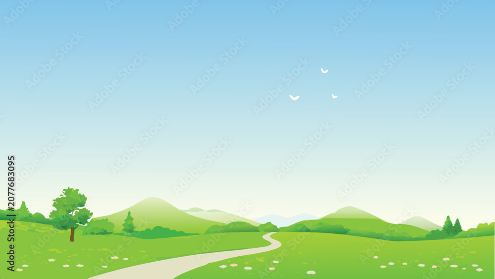 Fototapeta premium Rolling hills landscape with winding path vector illustration