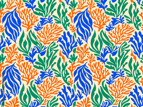 Фотография Vibrant Matisse Style Seamless Pattern with Abstract Coral and Seaweed Shapes