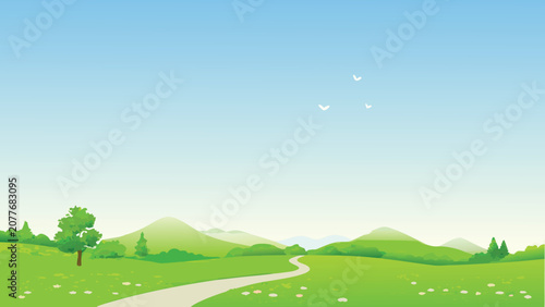 Rolling hills landscape with winding path vector illustration