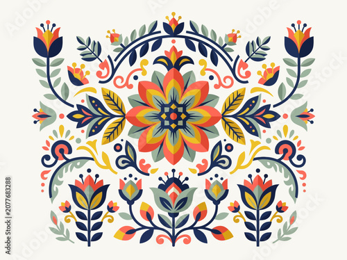 Symmetrical Folk Art Floral Pattern with Traditional Scandinavian and Slavic Botanical Motifs