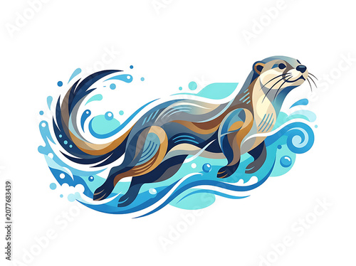 Modern Abstract Otter Swimming Illustration with Blue Water Splashes