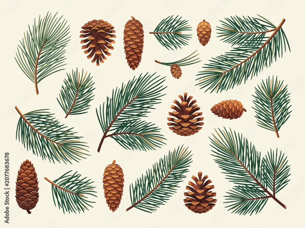 Naklejka premium Pine Cone and Evergreen Fir Branch Collection - Hand Drawn Style Winter Nature Elements for Holiday Design