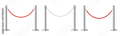 Portable barrier systems set. Vector obstacles with metal post connected by rope and chain. Crowd control equipment. Public space and event area, transport zone and restricted access point elements