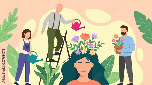 Tableau sur toile Mental health and self-care concept with people nurturing flowers