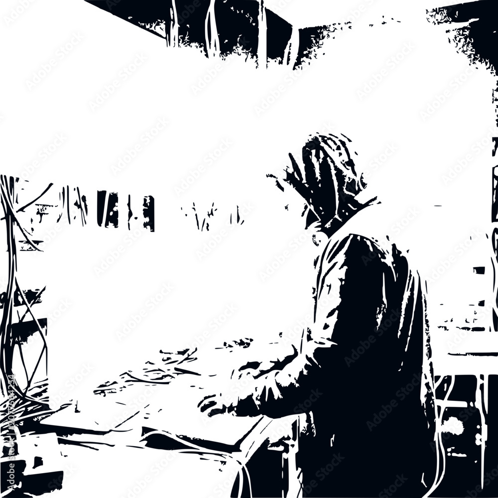 Fototapeta premium DJ Performing Music with Synthesizer and DJ Deck in Dark Room