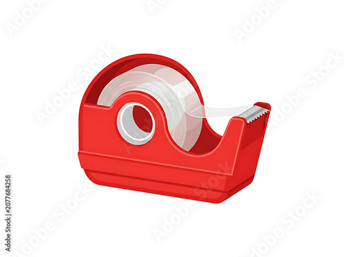 Red adhesive tape dispenser with transparent roll isolated on white