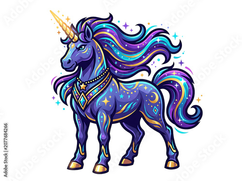 Magical Celestial Unicorn Illustration with Golden Horn and Starry Mane