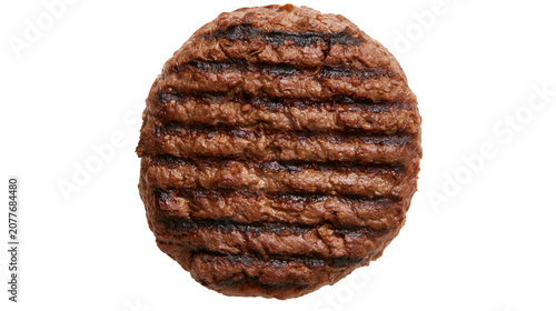 Schilderij op canvas Round grilled beef burger patty with char marks