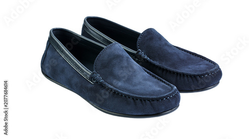 Bild auf Leinwand Navy blue suede moccasin shoes with leather trim